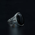 925 Sterling Silver Engraved Oval Onyx Gemstone Ring