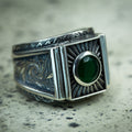 925 Sterling Silver Engraved Emerald Gemstone Ring