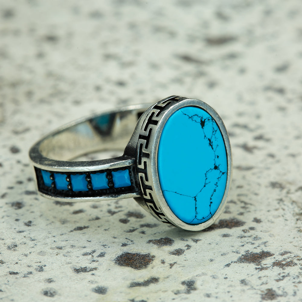 Men Handmade Silver Oval Turquoise Gemstone Ring
