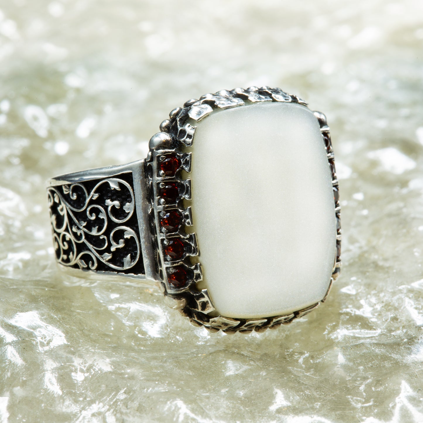 Silver Handmade Square Mother Of Pearl Gemstone Ring