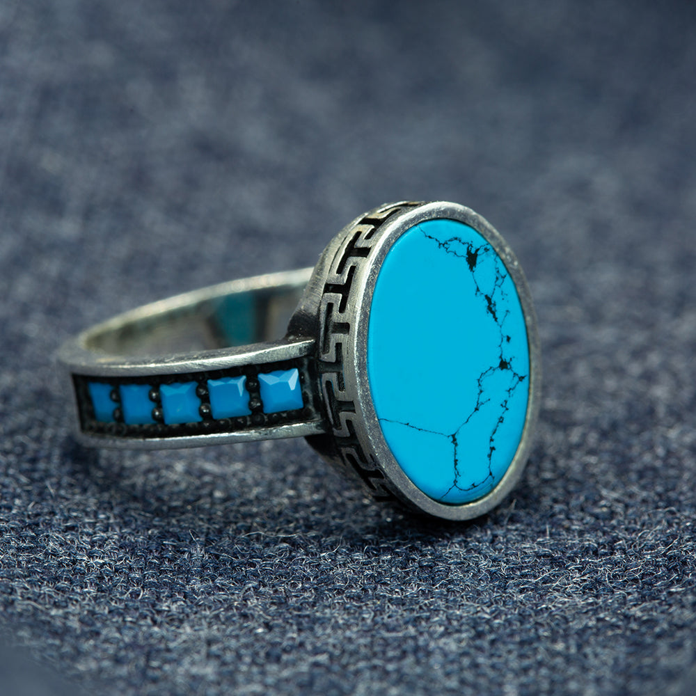 Men Handmade Silver Oval Turquoise Gemstone Ring