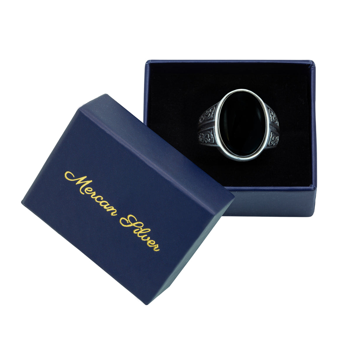 925 Sterling Silver Engraved Oval Onyx Gemstone Ring