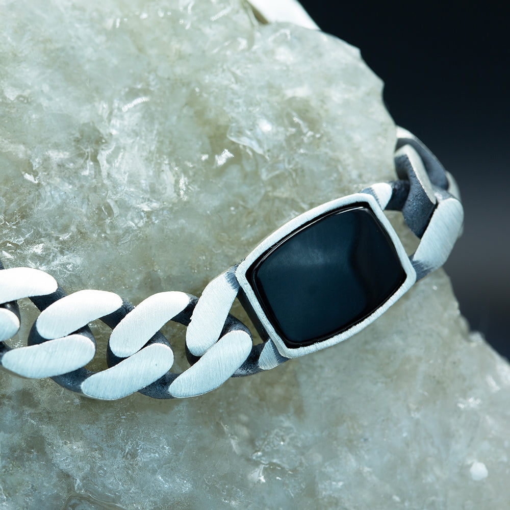 925 Sterling Silver Curb Chain Square Onyx Gemstone Bracelet