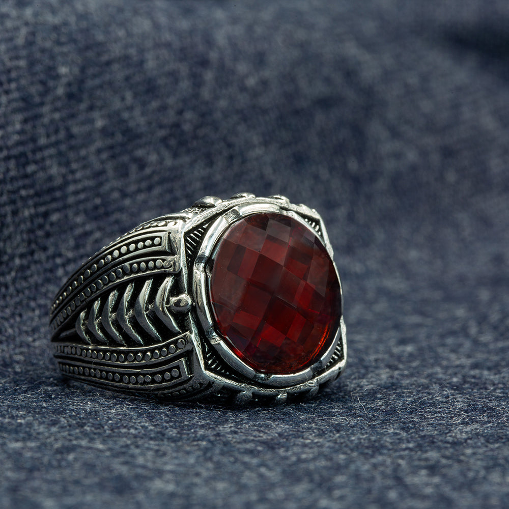 Anillo de plata para hombre con piedras preciosas de rubí y granate redondo hecho a mano