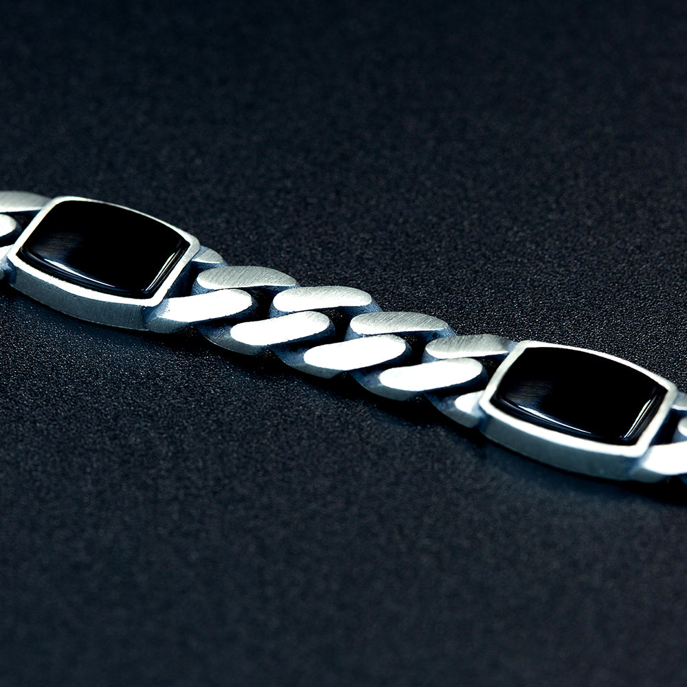 925 Sterling Silver Curb Chain Square Onyx Gemstone Bracelet