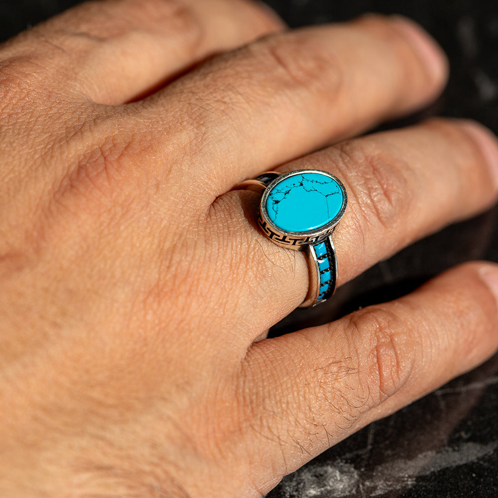 Men Handmade Silver Oval Turquoise Gemstone Ring