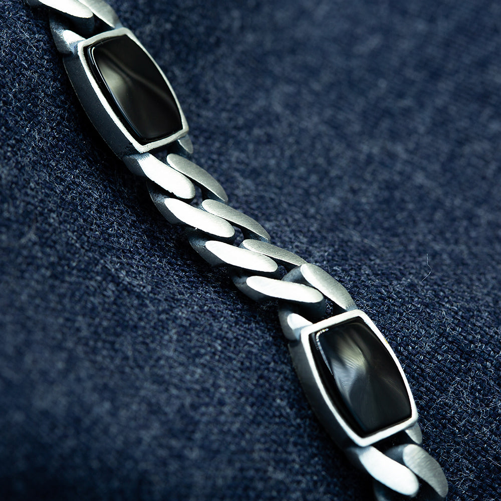 925 Sterling Silver Curb Chain Square Onyx Gemstone Bracelet