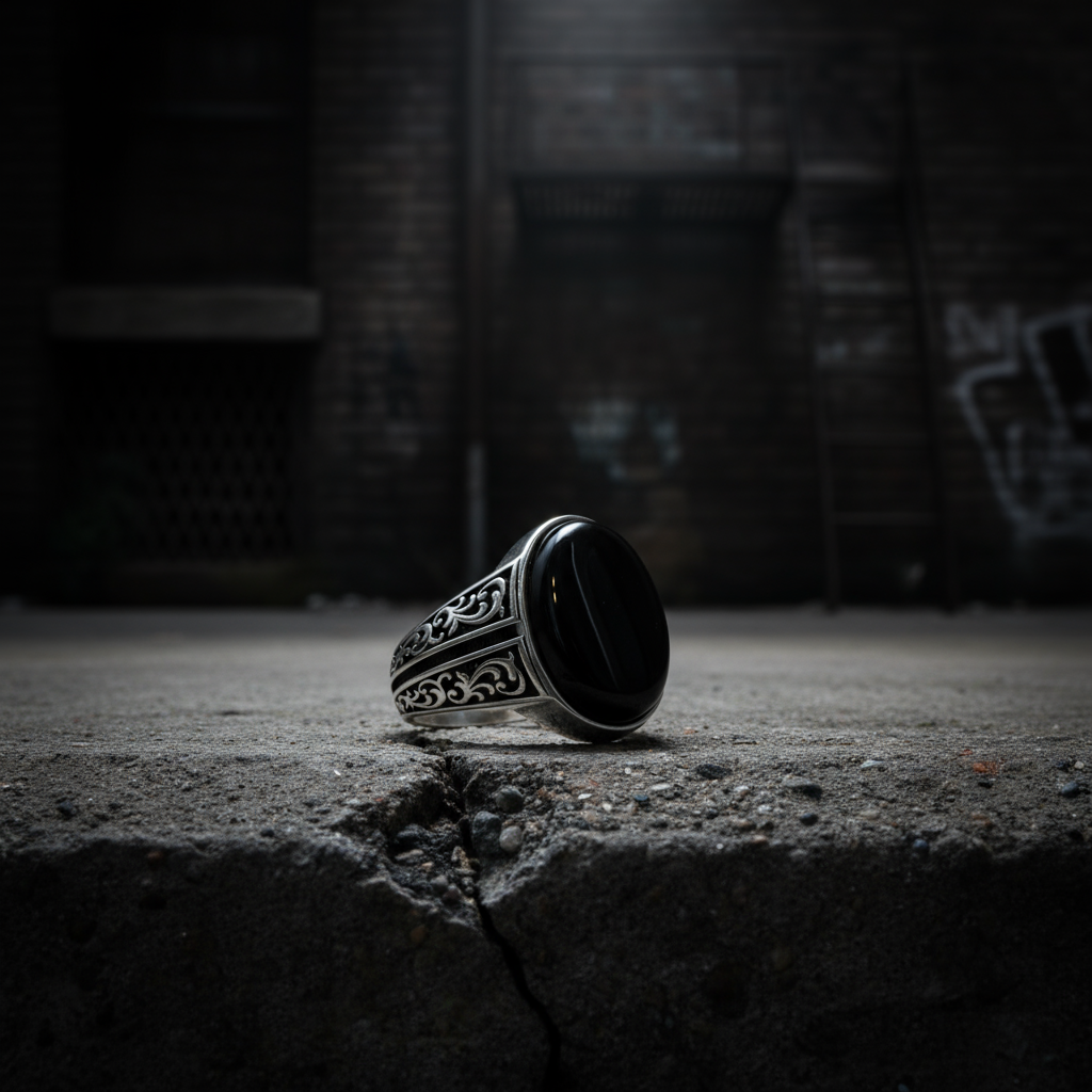 925 Sterling Silver Engraved Oval Onyx Gemstone Ring