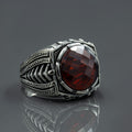 Anillo de plata para hombre con piedras preciosas de rubí y granate redondo hecho a mano