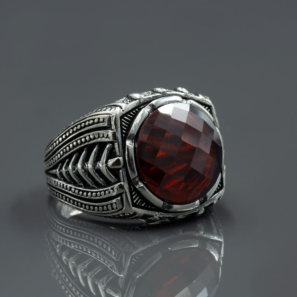 Men Silver Round Garnet Ruby Gemstone Handmade Ring