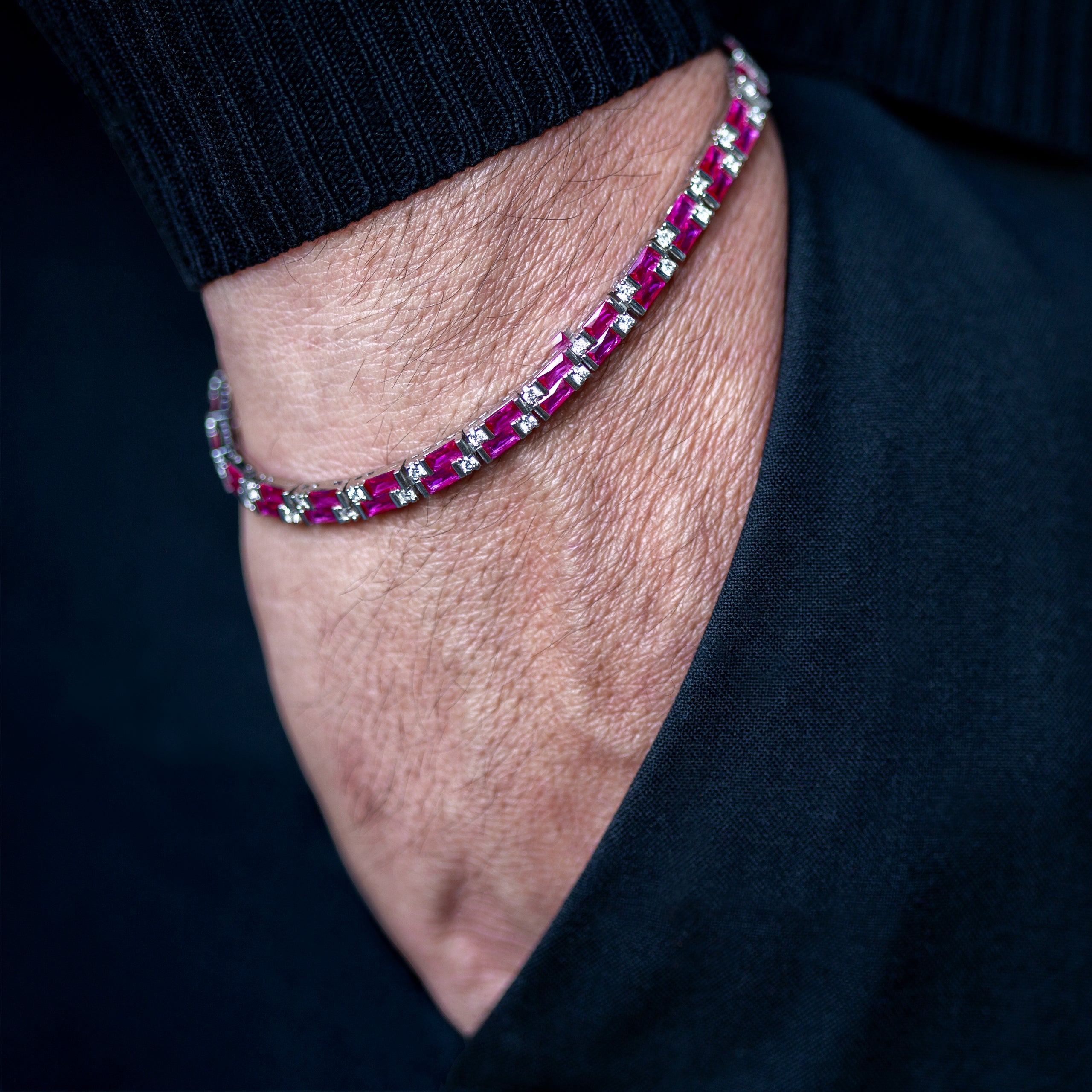 Handmade 925 Sterling Silver Men's Bracelet with Natural Red Garnet - Luxury Ruby Red Gemstone Link Chain - Unique Gift for Men