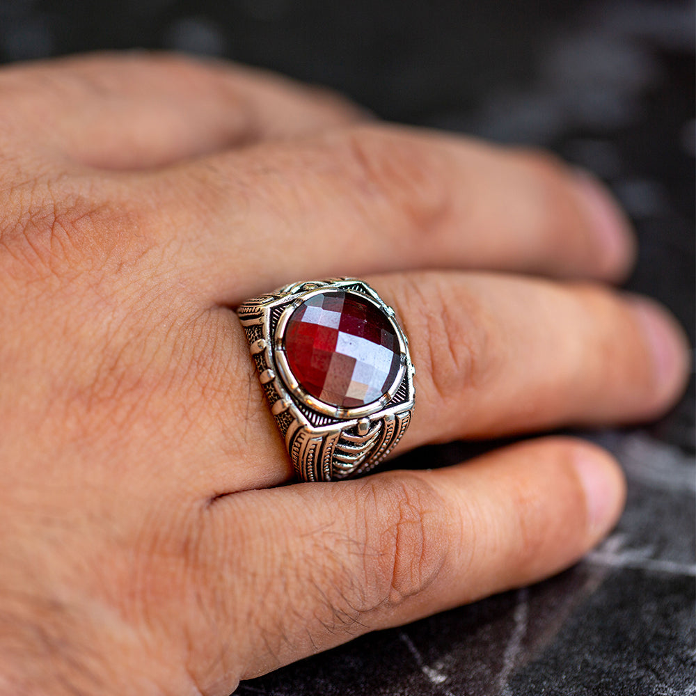 Men Silver Round Garnet Ruby Gemstone Handmade Ring