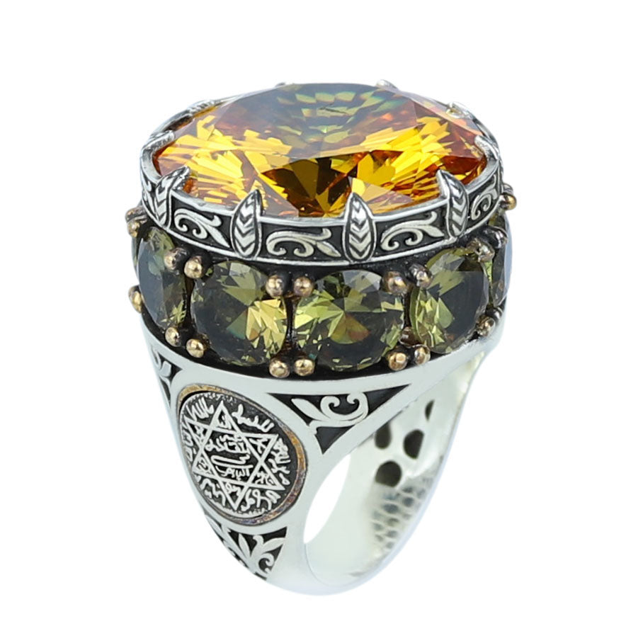 925 Sterling Silver Round Citrine Yellow Gemstone Solomon Signet Ring, King Solomon Signet Ring