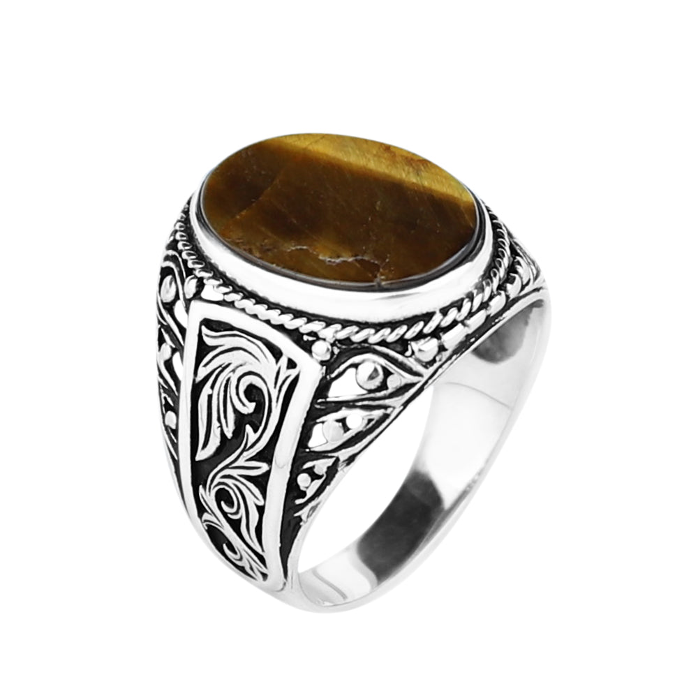 925 Sterling Silver Brown Oval Tiger Eye Gemstone Ring