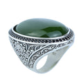 Men Silver Jade Stone Ring, Ottoman Style Engraved Large Ring, Big Silver Jade Stone Ring