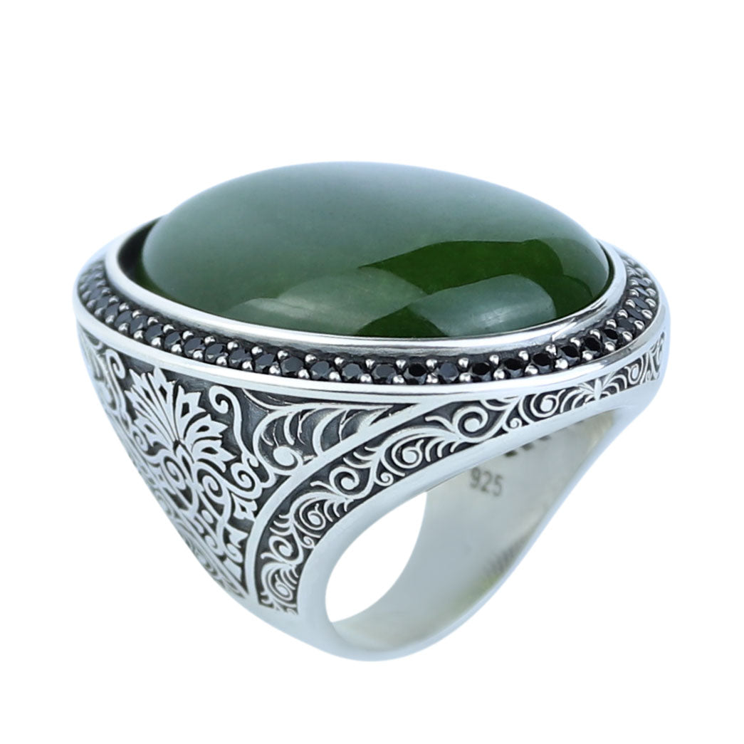 Men Silver Jade Stone Ring, Ottoman Style Engraved Large Ring, Big Silver Jade Stone Ring