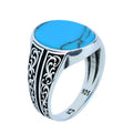 Men Silver Handmade Turquoise Ring, Oval Minimal Engraved Turquoise Ring, Turkish Handmade Ring, Natural Turquoise Ring