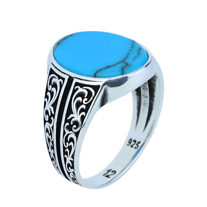Men Silver Handmade Turquoise Ring, Oval Minimal Engraved Turquoise Ring, Turkish Handmade Ring, Natural Turquoise Ring