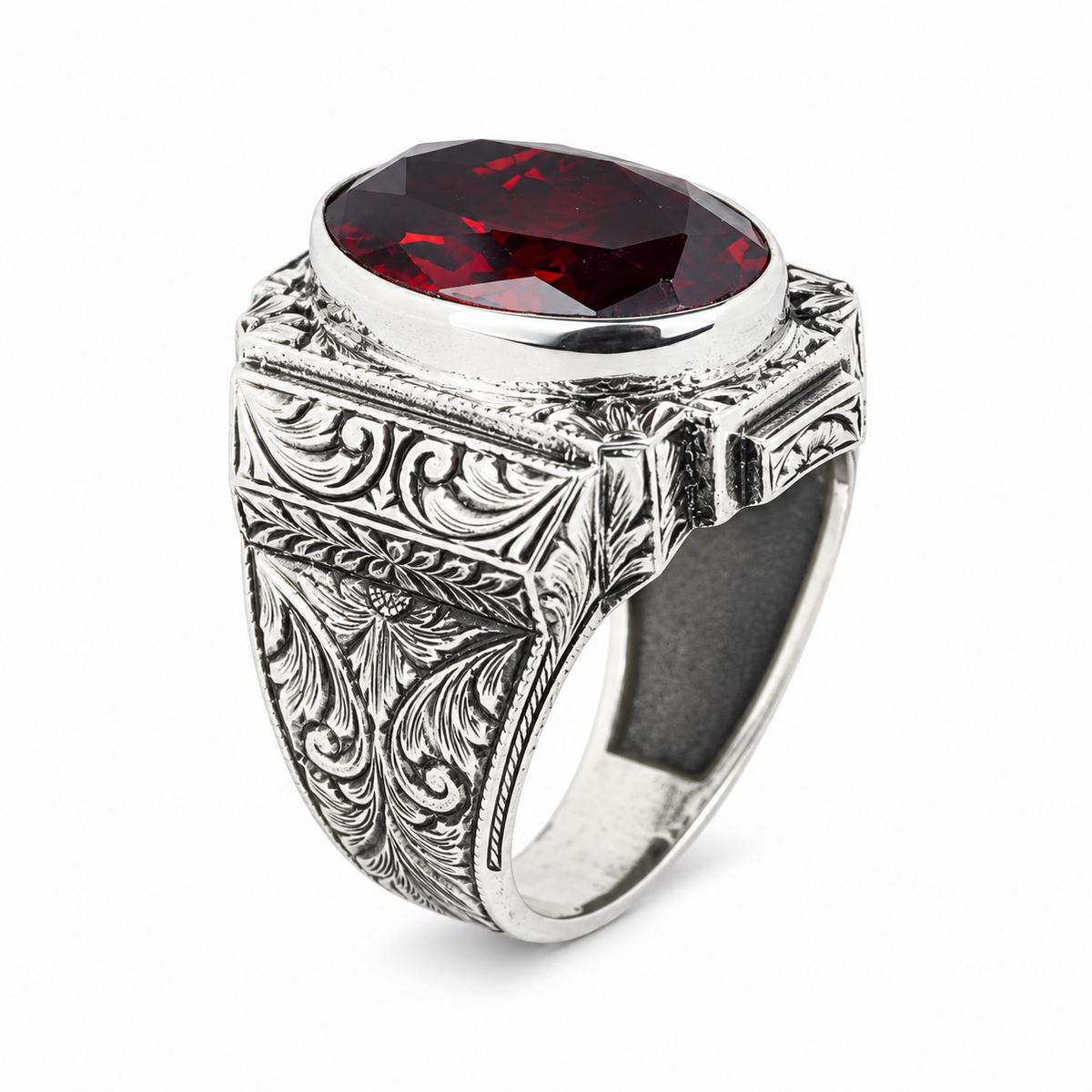 925 Silver Red Ruby Stone Ring, Engraved Red Gemstone Ring, Vintage Signet Garnet Ring, Vintage Mens Ring, Turkish Handmade 925 Silver