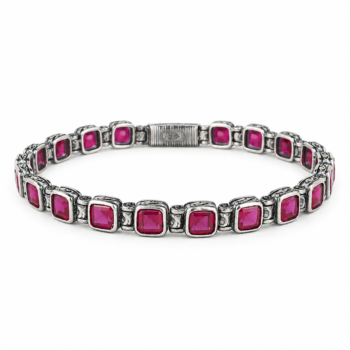 Men Silver Ruby Tennis Bracelet, Engraved Silver Red Stone Chain Bracelet, Mens Link Chain Bracelet, Silver Vintage Bracelet, 925 Silver