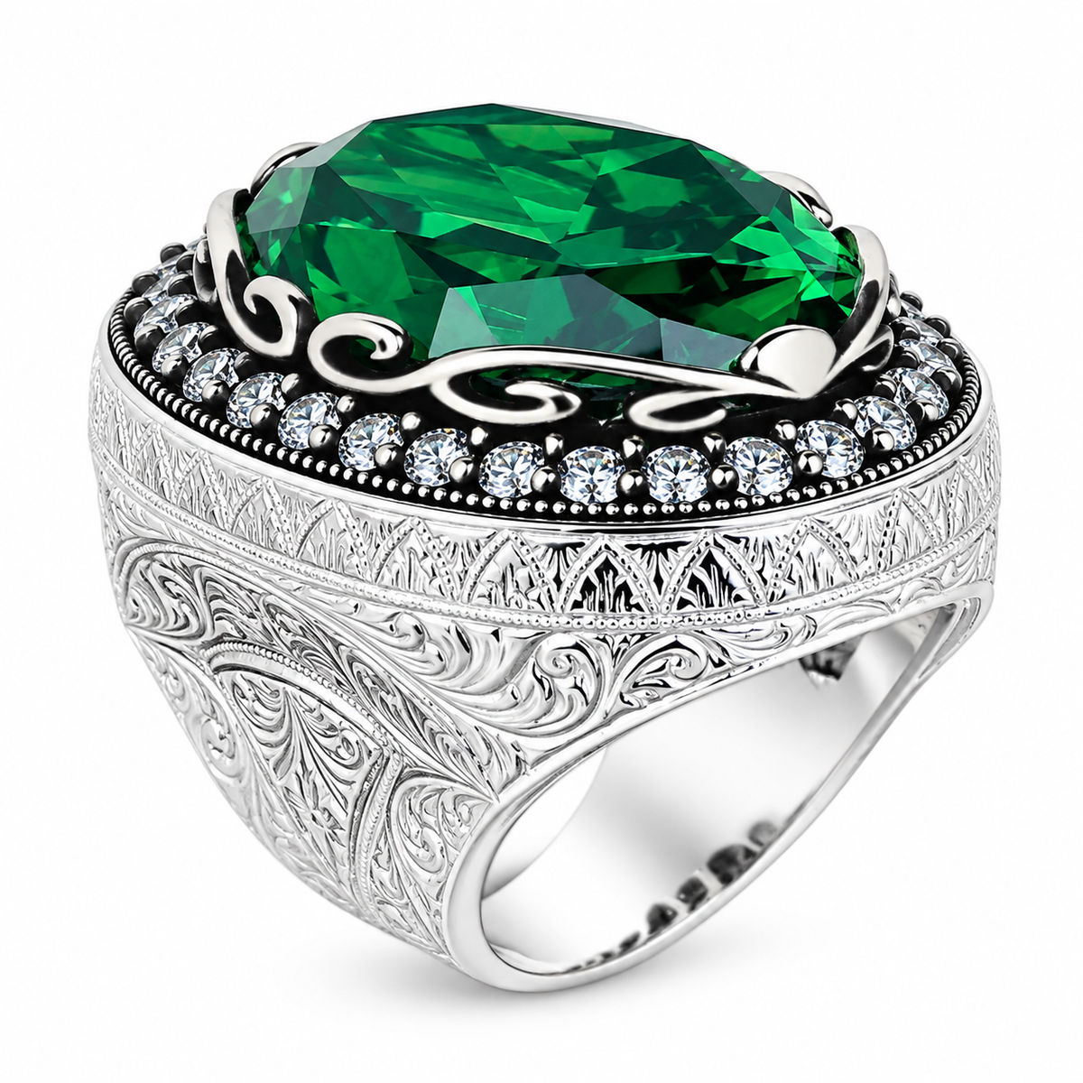 Men Silver Emerald Gemstone Ring, Engraved Green Men Ring, Solid Silver Men Ring, Ottoman Men's Ring, Green Peridot Signet Ring, 925 Ring