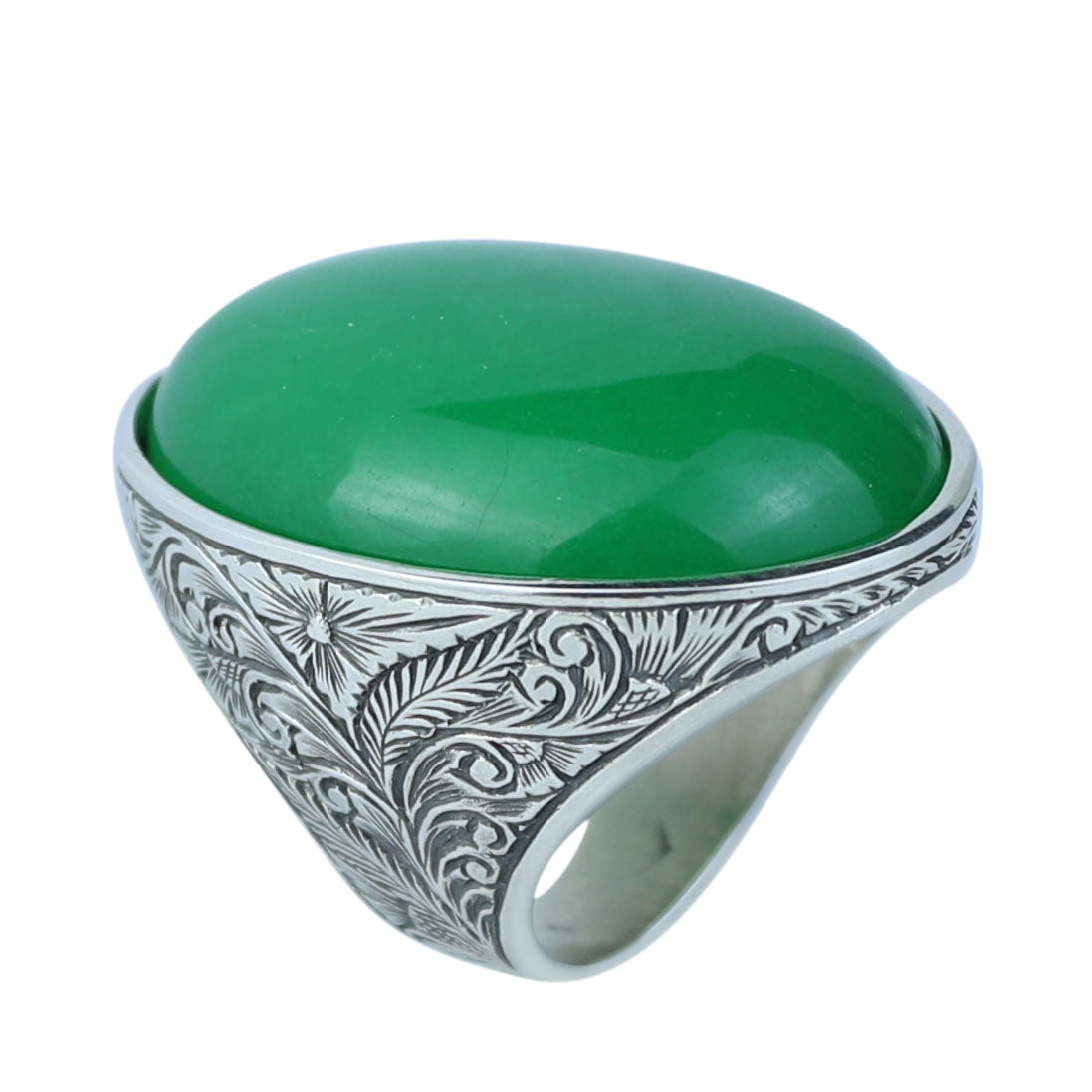 925 Silver Jade Stone Ring, Men Green Jade Engraved Ring, Handmade Silver Engraved Ring