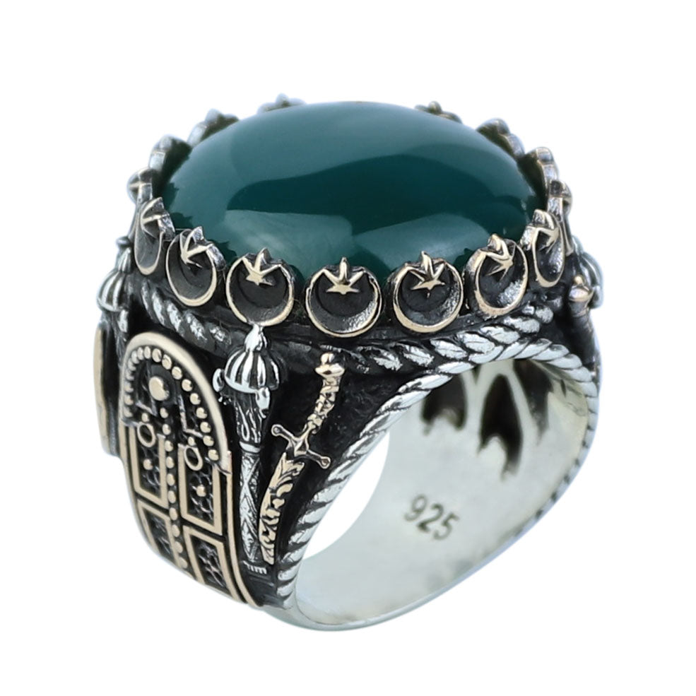 Mens Handmade Ring, Green Agate Ring ,Turkish Handmade Silver Men Ring ,Round Aqeeq Gemstone Ring, 925k Sterling Silver Ring