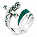 925 Sterling Silver Double Zulfiqar Sword Ring with Emerald Stone
