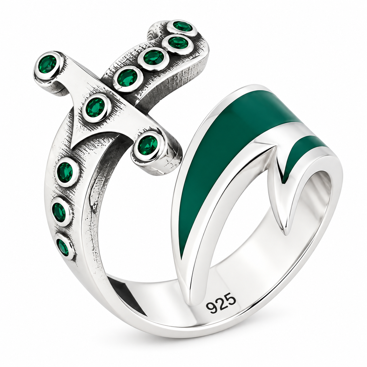 925 Sterling Silver Double Zulfiqar Sword Ring with Emerald Stone