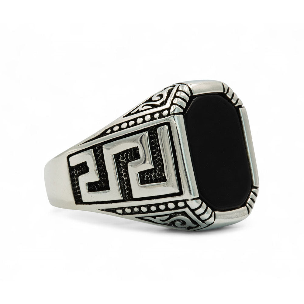 Anillo de plata con piedra preciosa de ónix cuadrada de estilo griego para hombre