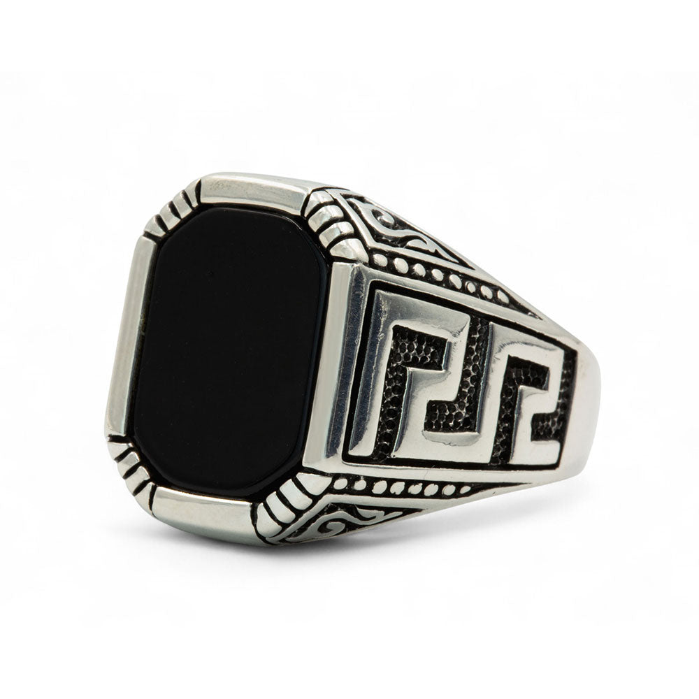 Anillo de plata con piedra preciosa de ónix cuadrada de estilo griego para hombre