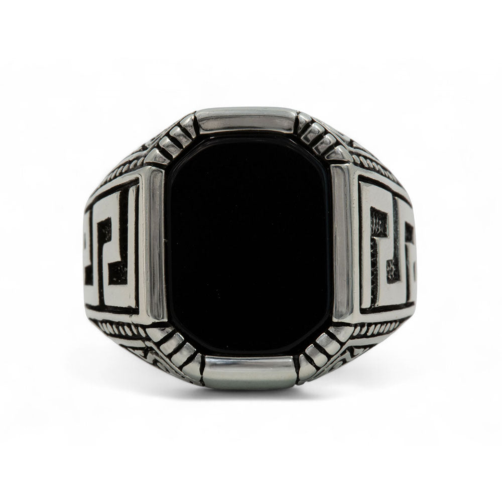 Men Silver Greek Style Square Onyx Gemstone Ring