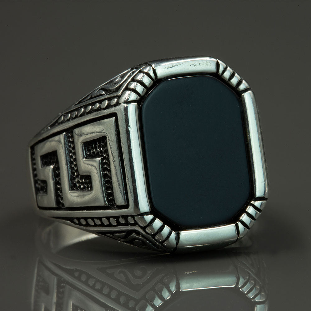 Men Silver Greek Style Square Onyx Gemstone Ring