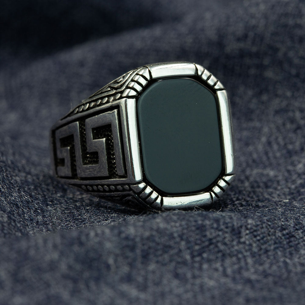 Anillo de plata con piedra preciosa de ónix cuadrada de estilo griego para hombre