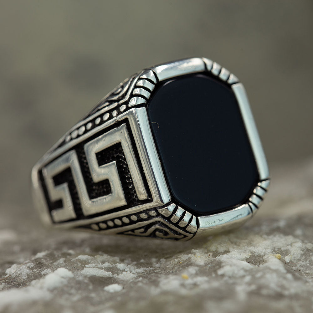 Men Silver Greek Style Square Onyx Gemstone Ring