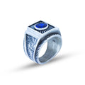 Men Silver Blue Sapphire Gemstone Engraved Signet Ring
