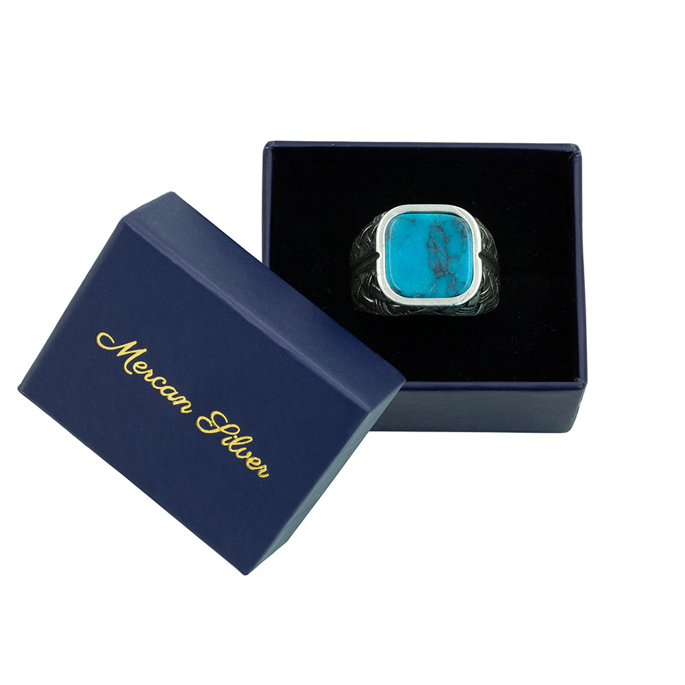 Men Handmade Square Turquoise Signet Silver Ring