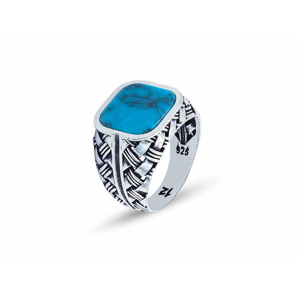 Men Handmade Square Turquoise Signet Silver Ring