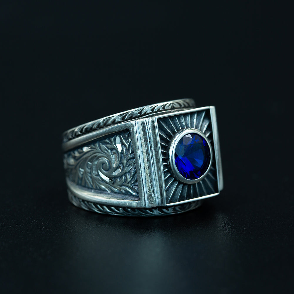Men Silver Blue Sapphire Gemstone Engraved Signet Ring