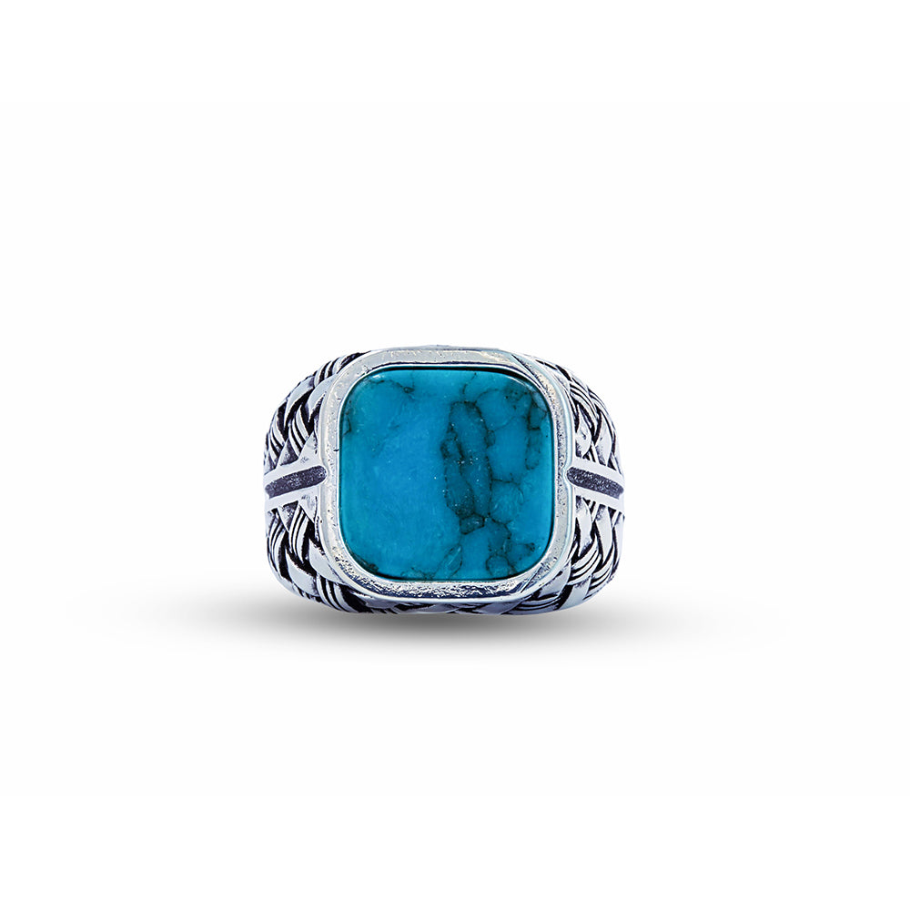 Men Handmade Square Turquoise Signet Silver Ring