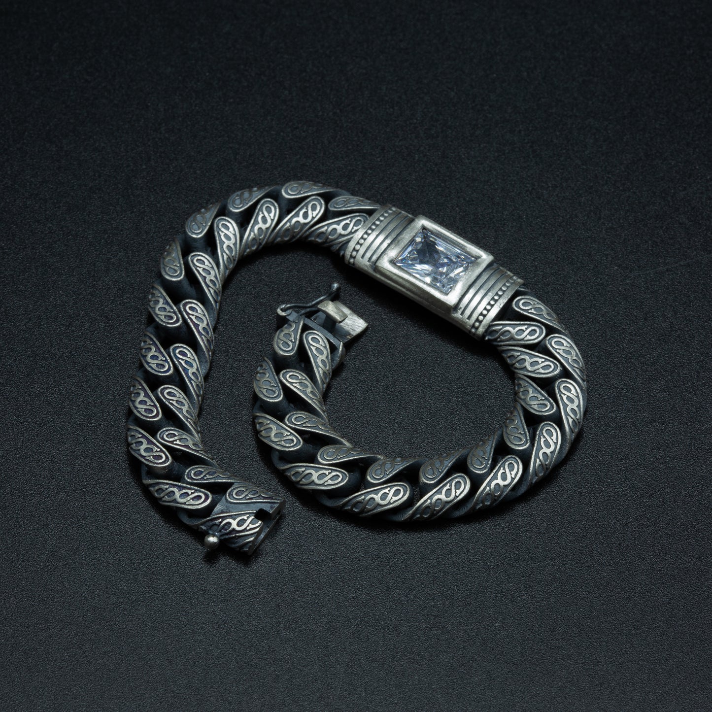 Men Handmade Engraved Square Moissanite Stone Cuban Chain Bracelet