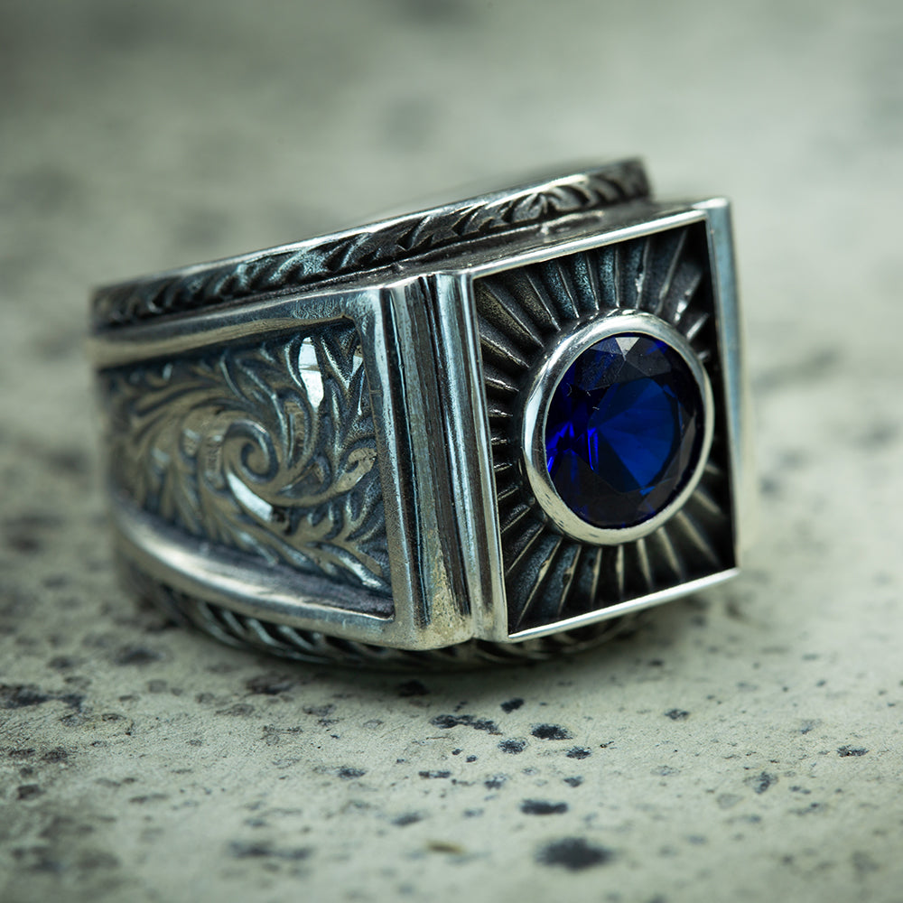 Men Silver Blue Sapphire Gemstone Engraved Signet Ring