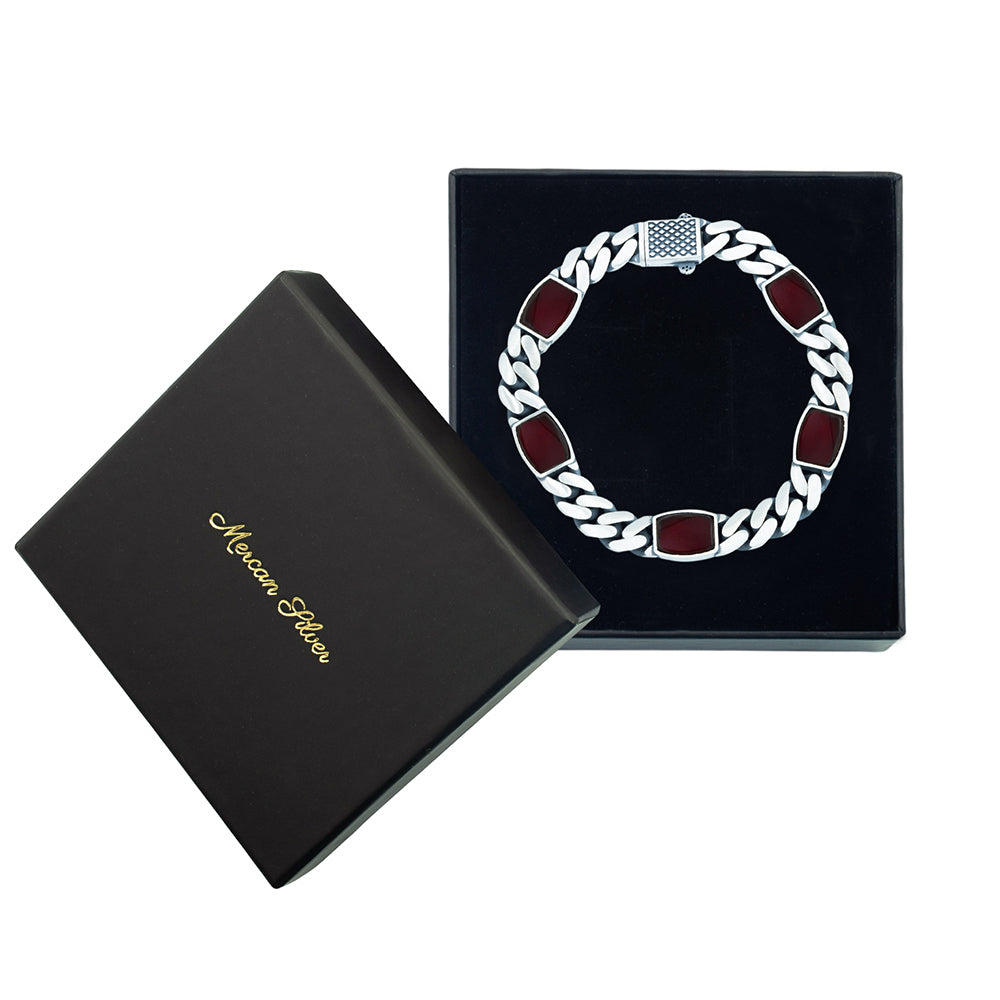 925 Sterling Silver Cuban Link Agate Gemstone Chain Bracelet