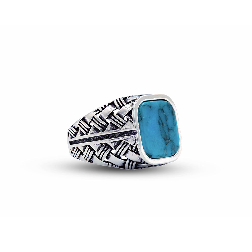 Men Handmade Square Turquoise Signet Silver Ring