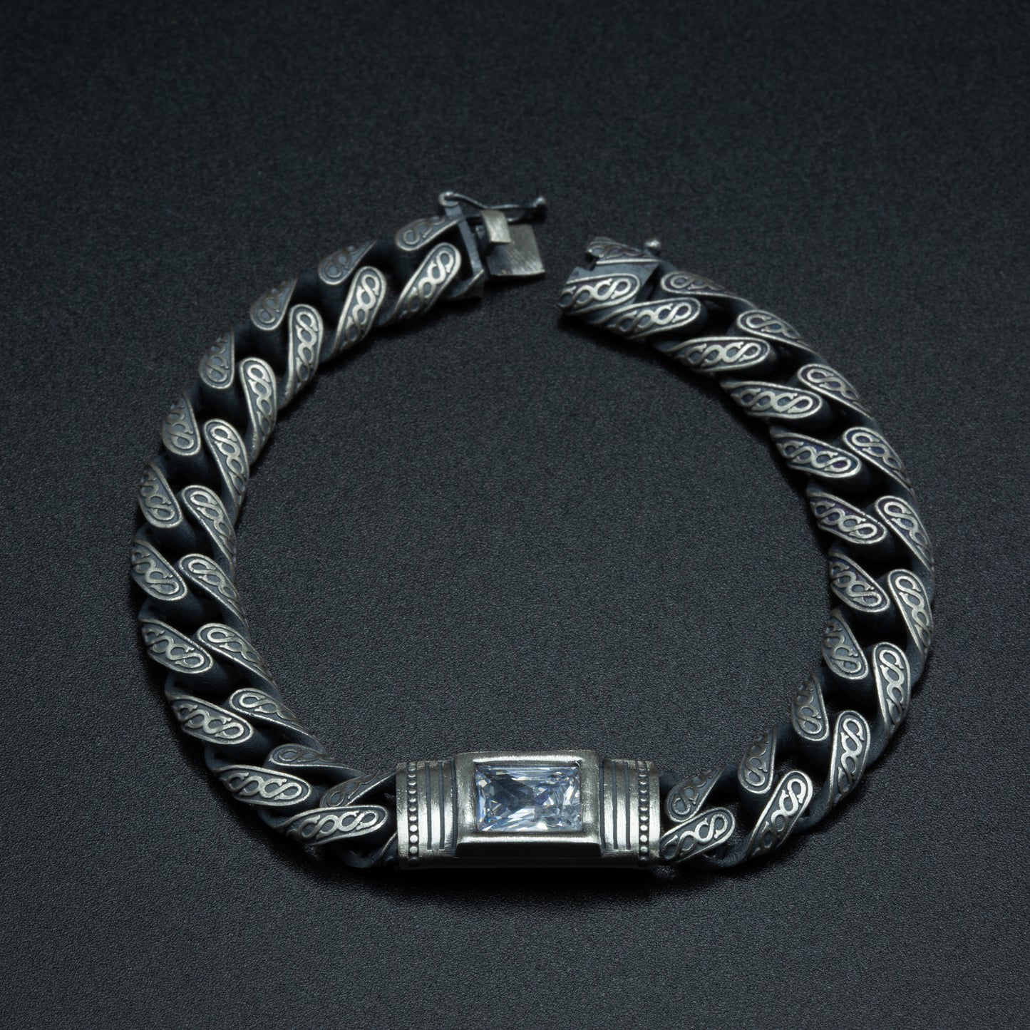 Men Handmade Engraved Square Moissanite Stone Cuban Chain Bracelet