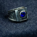 Men Silver Blue Sapphire Gemstone Engraved Signet Ring