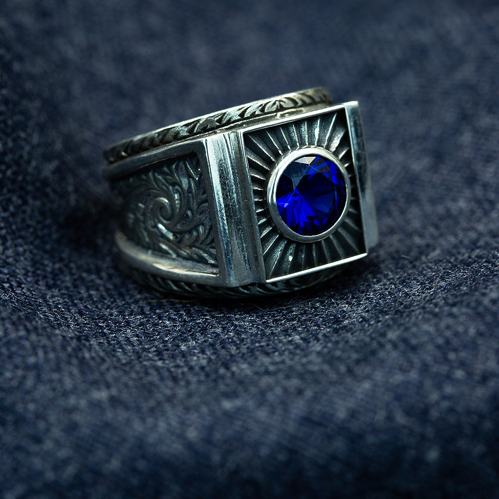 Men Silver Blue Sapphire Gemstone Engraved Signet Ring