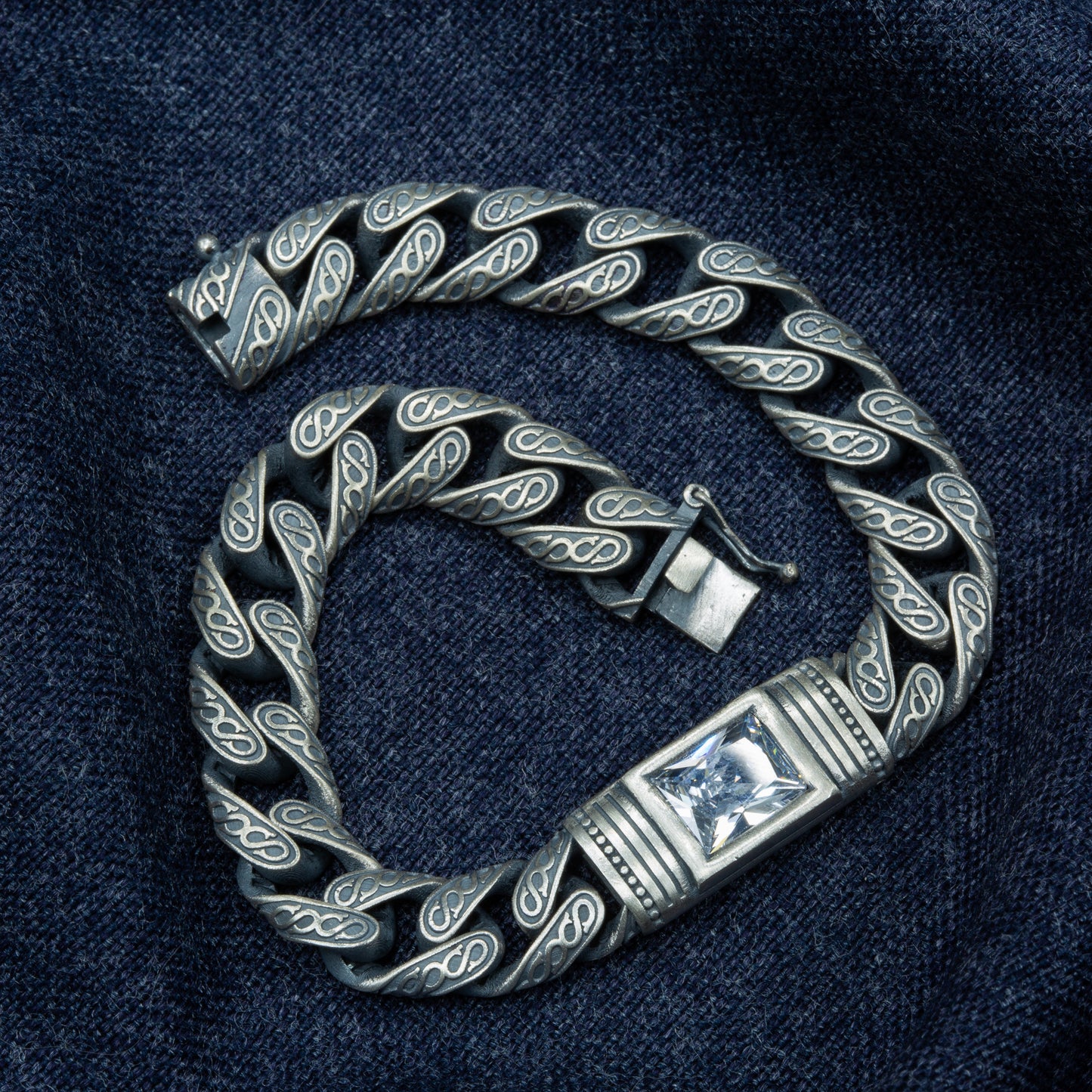 Men Handmade Engraved Square Moissanite Stone Cuban Chain Bracelet