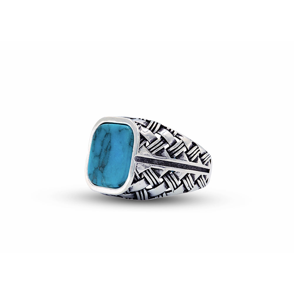 Men Handmade Square Turquoise Signet Silver Ring