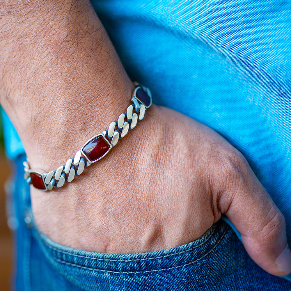 925 Sterling Silver Cuban Link Agate Gemstone Chain Bracelet